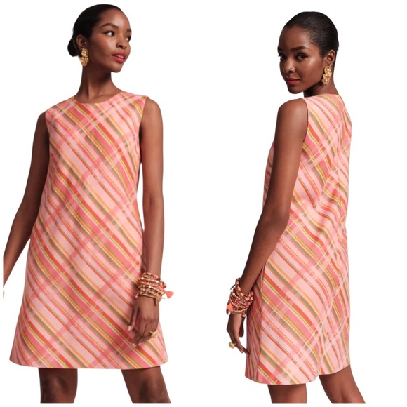 FRANCES VALENTINE LILLY SHIFT DRESS CANDY RIBBON PLAID NWT LG ELEGANT RETRO 60’s - Picture 1 of 12